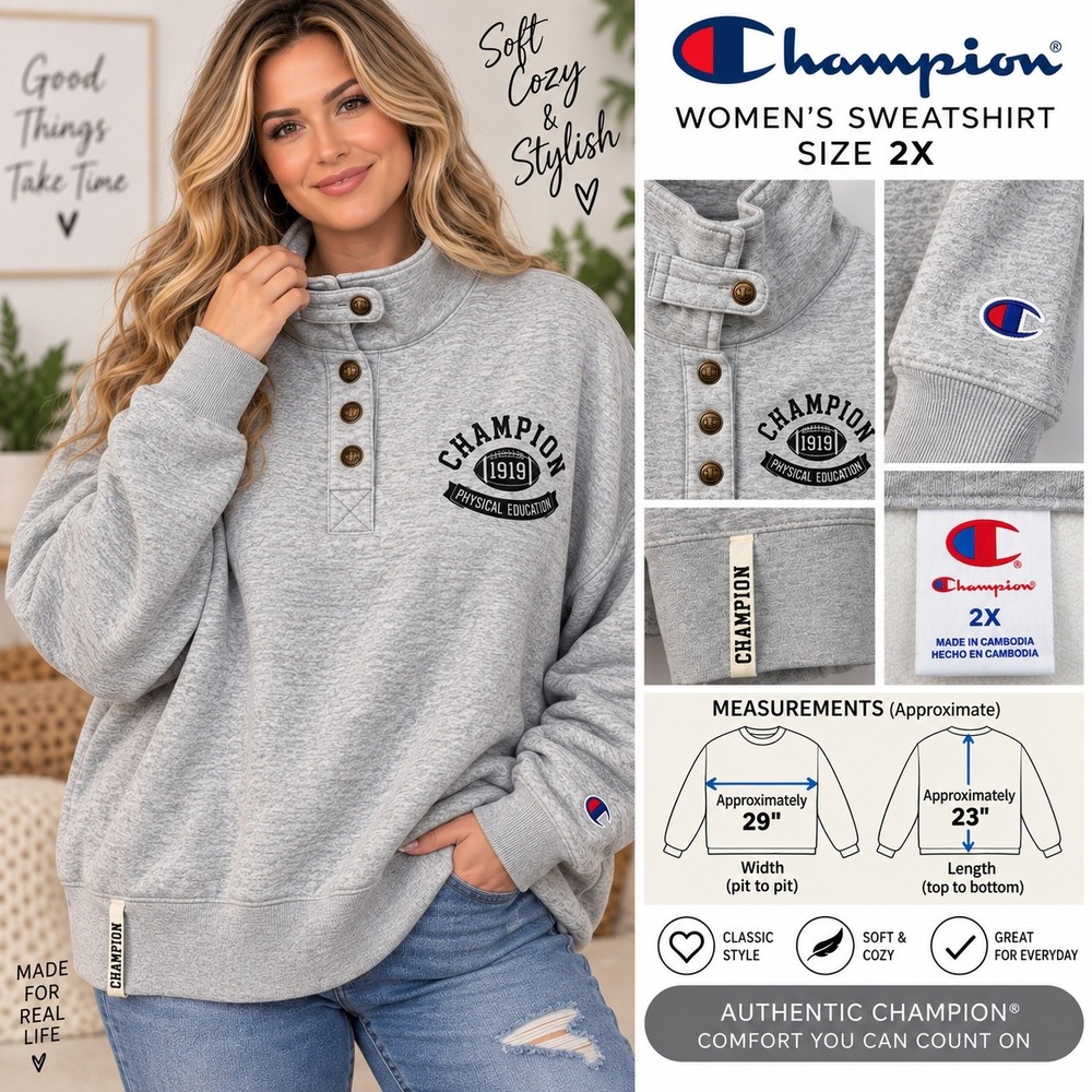Champion Women's Fleece Quarter-Button Sweatshirt Crop Size 2X Gray New